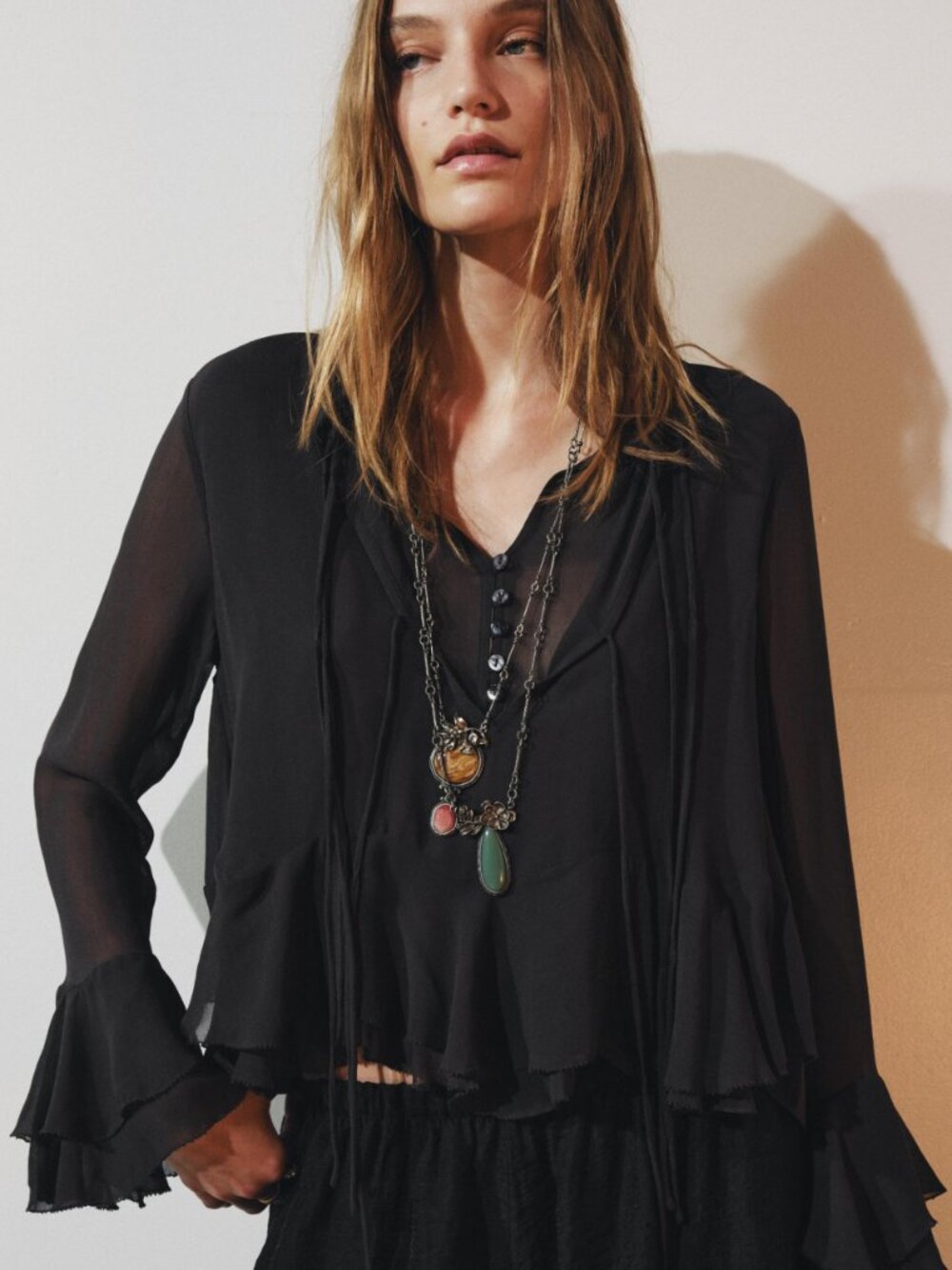 Zara Black Sheer Ruffle V-Neck Blouse